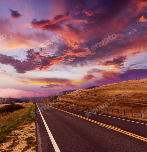 Preview: Empty asphalt road at sunset