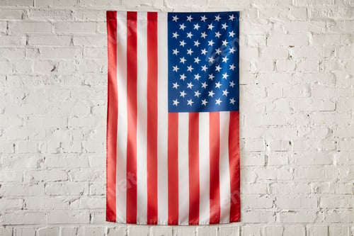 Preview: close up view of united states of america flag on white brick wall