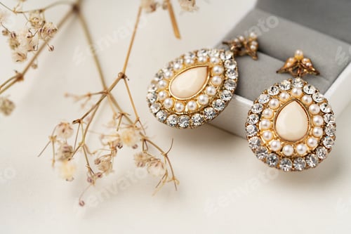 Preview: Golden earrings and jewelry box on table close up