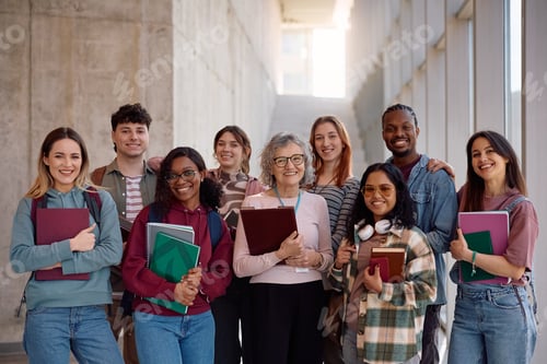 Preview: Multiracial group of students and their professor at the university looking at camera.