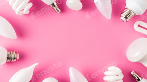 Preview: top view of various light bulbs on pink, energy concept