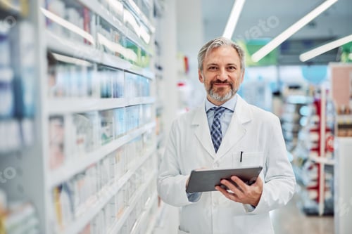 Preview: Portrait of an ambitious male pharmacist with a digital tablet at work.