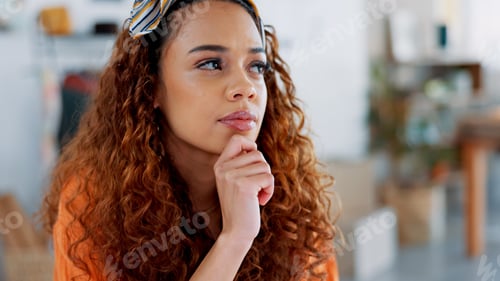 Preview: Thinking, design and black woman working on laptop in creative workplace for fashion design. Inspir