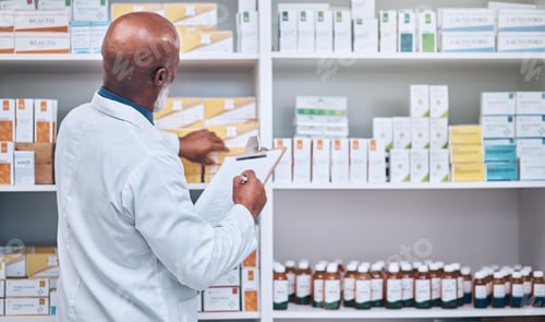Preview: Pharmacy, senior man and checklist clipboard for stock, inventory and pills, prescription and check