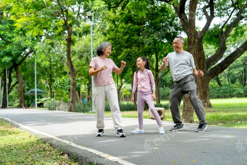Preview: Asian senior man and woman also the girl action of stretching the legs and they look happy