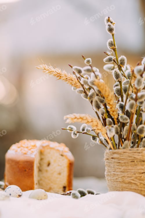 Preview: Easter Cake and Pussy Willow Bouquet Still Life