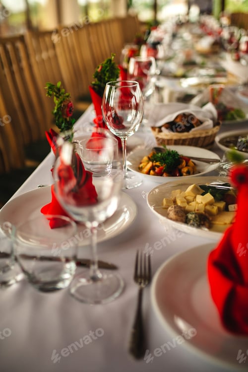 Preview: Restaurant interior, serving, wine and water glasses, plates. Concept banquet, birthday, conference