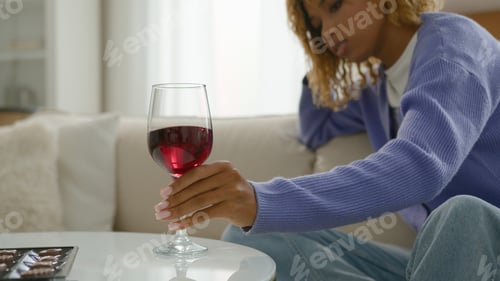 Preview: Alcohol addict alcoholic female put glass red wine on table refuse drink dependence addiction