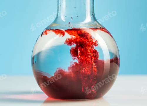 Preview: The laboratory glassware and red liquid inside on white