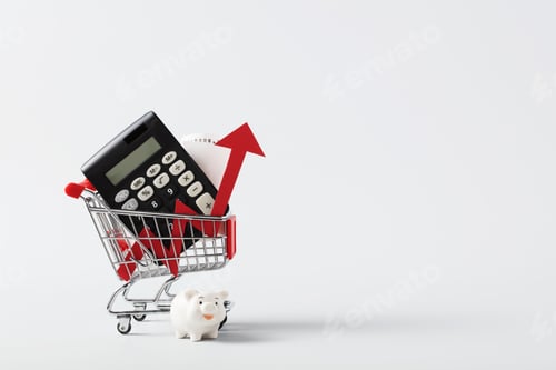 Preview: Shopping cart trolley, calculator, piggy bank and red arrow up on white background