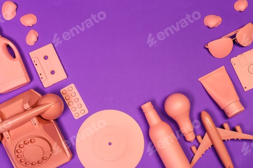 Preview: Colorful display of various objects on a vibrant purple background in a creative arrangement