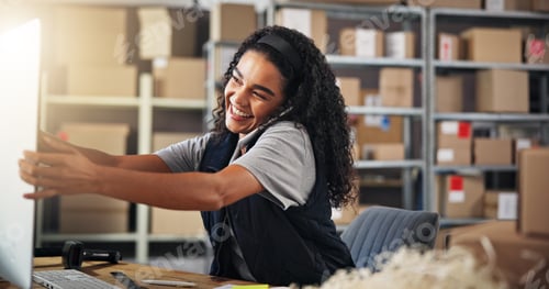 Preview: Phone call, warehouse and woman on computer for shipping, delivery and distribution business. Ecomm