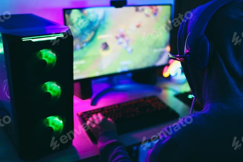 Preview: Streamer gamer playing strategy game online - Focus on headphones