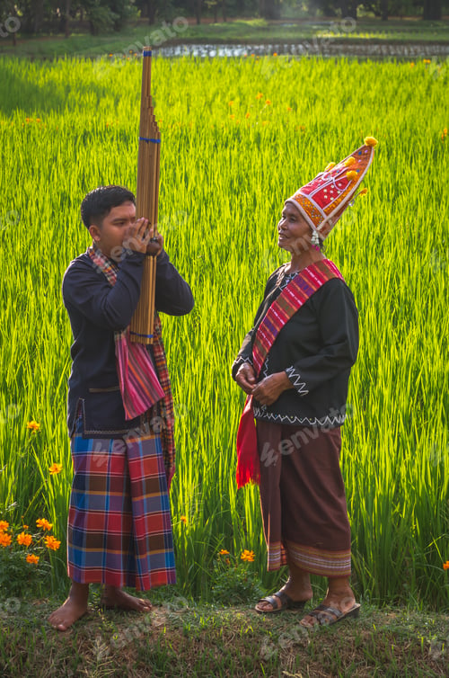 Preview: Traditional farmers are showing on the rice field at the evening after finish work