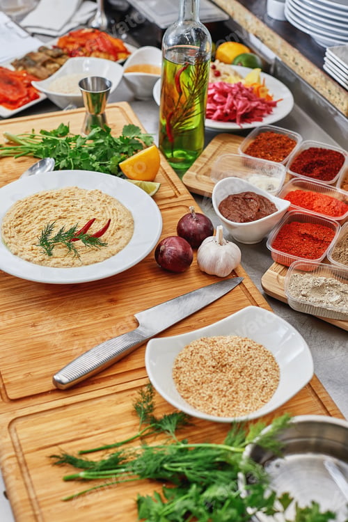 Preview: Many different spices, vegetables and ingredients, and fresh herbs for making homemade sauce