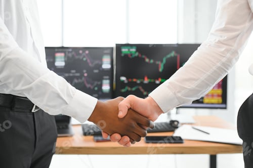 Preview: Investor stock trading of business partners shaking hands against screen