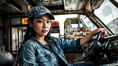 Preview: a woman driving a truck down the street with other cars in the background