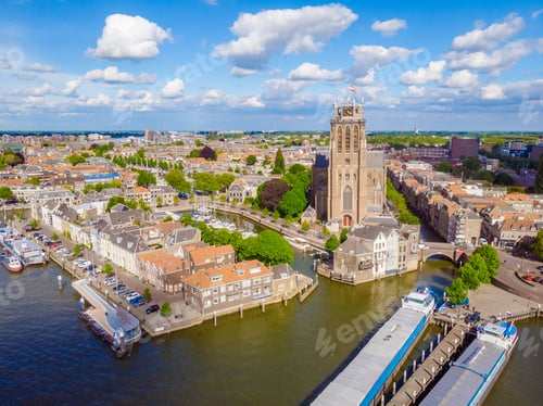 Preview: Dordrecht Netherlands, skyline of the old city of Dordrecht with church and canal buildings