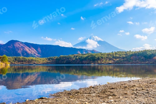 Preview: Beautiful landscape of mountain fuji with maple leaf tree around