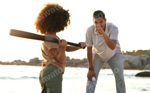 Preview: Baseball, father and girl play at beach, having fun and enjoying holiday together. Care, exercise a
