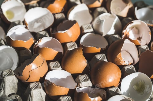 Preview: Texture of broken empty eggshell in carton box. View from above. Cooking on easter concept.