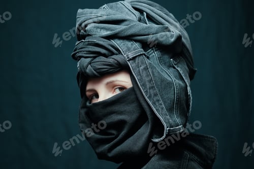 Preview: Portrait of a woman in jeans jacket and denim headdress. Black jeans clothing, total denim.