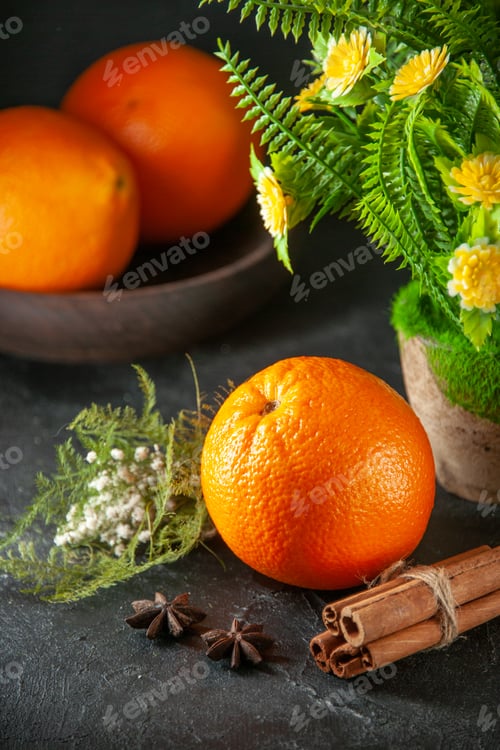 Preview: front view fresh juicy oranges on dark background citrus fruit color photo tangerine exotic tropical