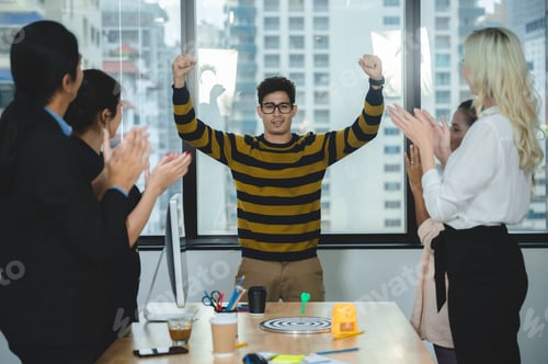 Preview: businessman and business partner person team in success, happy and fun in group celebration party