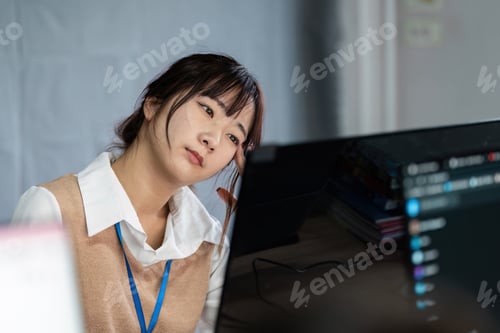 Preview: Stressed Office Worker Experiencing Office Syndrome at Desk in Modern Workplace Environment