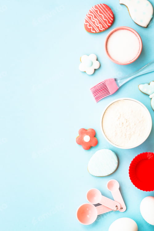 Preview: Easter baking background at blue flat lay.