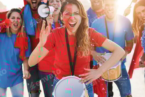 Preview: Crazy sport fans playing drums and screaming while supporting their team