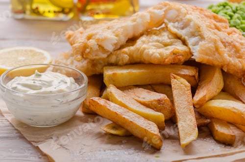 Preview: Traditional British street food fish and chips with tartar sauce