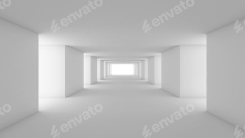 Preview: Minimalist White Corridor with Bright Light at End