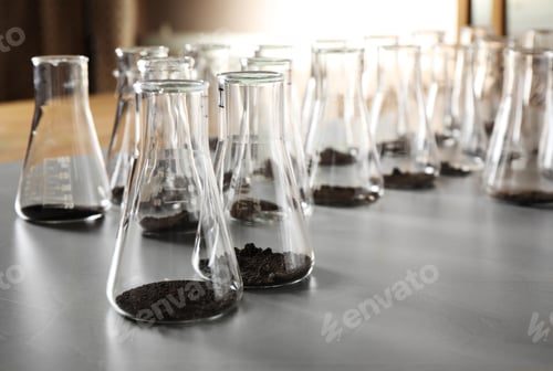 Preview: Glassware with soil samples on grey table. Laboratory research