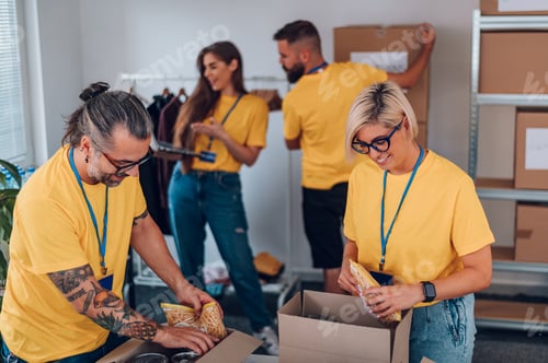 Preview: Group of volunteers working in community charity donation center