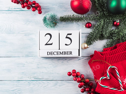 Preview: Festive christmas flat lay with calendar and December, 25 date