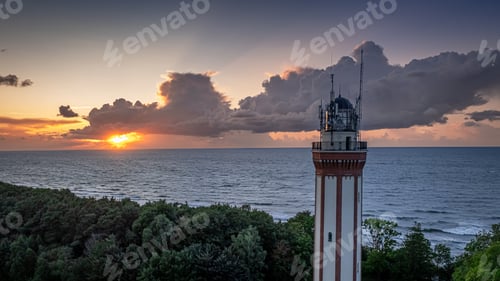 Preview: Aerial view of light beam from lighthouse at Baltic Sea