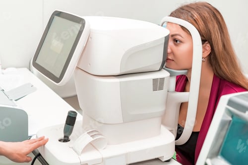 Preview: Measuring young woman's eye pressure with tonometer