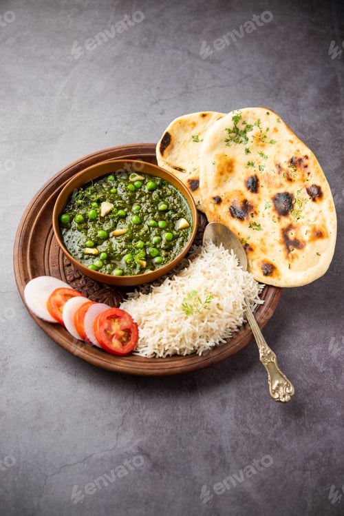 Preview: palak matar curry also known as spinach geen peas masala sabzi or sabji, indian food
