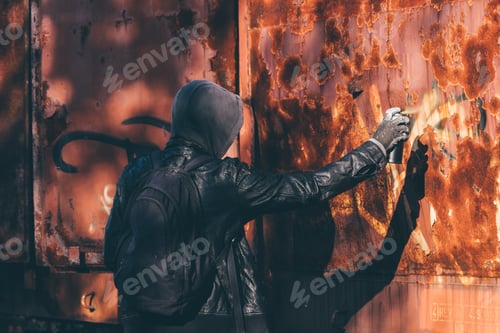 Preview: Homeless man spray painting old train wagon with aerosol can