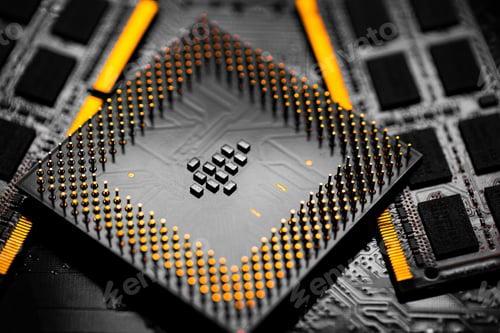 Preview: Close up of RAM Memory and pins on Main CPU PC processor circuit board.