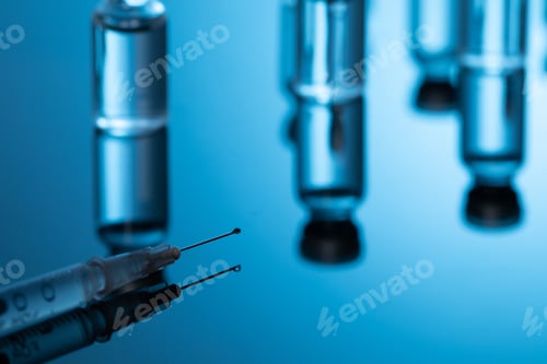 Preview: Closeup shot of covid19 vaccine bottles with a needle on a blue background - covid19 concept