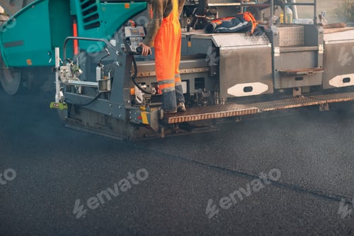 Preview: Asphalt paving. Paver machine and workers. New road construction.