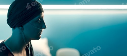 Preview: Sad young woman with cancer sitting on the hospital bed