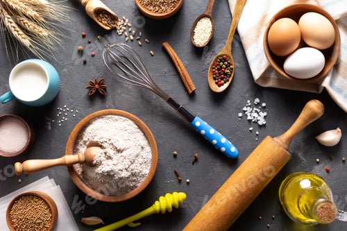 Preview: Bakery ingredients for homemade bread baking on table
