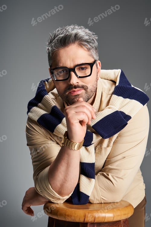 Preview: Stylish man in glasses showcases elegant fashion in a modern studio setting