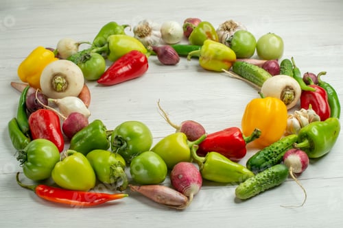 Preview: front view fresh vegetables composition on white background photo diet color ripe plant food salad