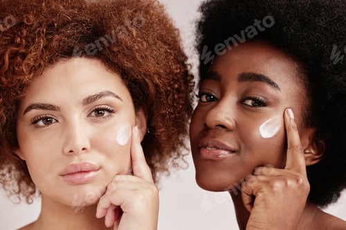 Preview: Skincare, face cream and portrait of women in a studio for a wellness, health and natural routine.