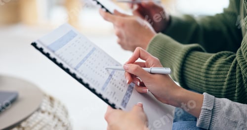 Preview: Closeup, woman and hand with clipboard for financial planning, budget or savings in home. Female pe