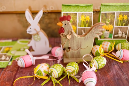 Preview: Easter holiday decorations with easter eggs, bunny and bird nest on wooden table